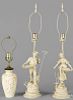 Pair of painted spelter table lamps, early 20th c., together with a composition table lamp