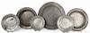 Six pieces of English pewter, 18th/19th c., to include a Townsend and Compton charger, 16 1/2'' dia.