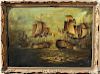 Large Antique Painting of Naval Battle