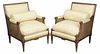 Pair Louis XVI Style Upholstered Arm Chairs