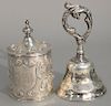Two piece lot with English silver covered jar and silver bell. ht. 5 1/2in. & ht. 7in.