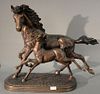 Contemporary bronze sculpture with running horse and foal, initialed T.R. on base, late 20th century.  ht. 22in., wd. 28in. P