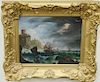 Oil on canvas, Ship along Coast in Stormy Seas, unsigned, 13 3/4" x 17 3/4".
