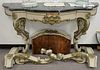 Pair of marble top Louis XV style console tables (as is, one in pieces. ht. 33in., wd. 56in., dp. 18 1/2in.