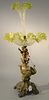 Victorian figural epergne with metal base mounted with putti and green to clear glass bowl and vase with ruffle rim. ht. 28in