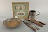 Civil war era group to include one dollar signed from Treasury, fork, knife, and spoon with leather holder, tin cup and plate