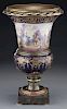 Sevres style porcelain and bronze urn with blue