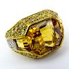 Vintage Hexagonal Cut Citrine, Diamond, Yellow Diamond and 18 Karat Yellow Gold Ring