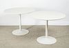 THREE CIRCULAR PAINTED METAL AND WHITE FORMICA WORK TABLES