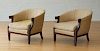 PAIR OF BAKER STAINED WOOD UPHOLSTERED 'PALLADIAN COLLECTION' ARMCHAIRS