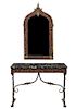 An Oscar Bach Iron and Brass Console Table and Mirror, German/ American (1884-1957), Height of table 31 x width 42 1/2 x depth 1