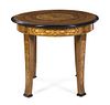 An Art Deco Marquetry Games Table and Two Chairs, Height of table 29 1/2 x diameter 32 inches.