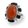 Cabochon Red Coral, Diamond, Onyx and 18 Karat White Gold Ring