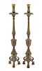 A Pair of Baroque Style Brass Pricket Sticks Height overall 37 inches.