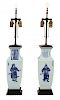 A Pair of Chinese Blue and White Porcelain Lamps Height 16 inches.