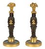 A Pair of French Empire Bronze and Gilt Bronze Figural Candlesticks Height 10 1/2 inches.