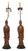 A Pair of Chinese Carved Wood Figural Lamps Height 39 1/2 inches.