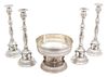 A Five Piece American Silver Table Garniture Height of candlesticks 12 1/2 inches.