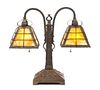 An Arts and Crafts Hammered Copper and Slag Glass Double Student Lamp, Height 19 1/2 x width 20 inches.