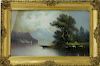 Framed oil painting of lake landscape