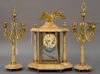 Three piece marble, crystal, and brass clock set (one candelabra arm as is). candelabra ht. 18in., clock ht. 16in., wd. 12in.