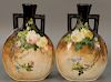 Pair of hand painted vases, art pottery with two handles having heavy enameling, marked E.G. on bottom. ht. 12in., wd. 8in.