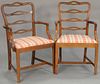 Three piece lot to include a pair of custom mahogany Chippendale style armchairs and a two tier burl stand. ht. 38 1/2in., di