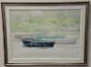 Group of four larger framed watercolors to include: 
abstraction, Sailing Vessels, signed lower right: Larsen; 
pastel of Lan