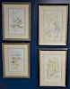 Group of four decorative framed watercolors on paper, all signed illegibly lower right, two are on aquarelle arches paper (sh