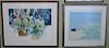 Five framed pieces to include: 
Mike Pease, colored lithograph, "Two Barns" 139/175; 
two watercolors on paper, still life of
