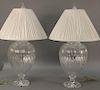 Pair of large crystal table lamps, watermark of a sailing viking ship. overall ht. 39in., vase ht. 24in.