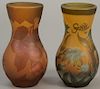 Two small Emile Galle vases with etched glass flowers and leaves. ht. 4in.