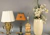 Four piece lot to include Maitland Smith contemporary lamp with leather shade retail tag $1,080 (total ht. 29 1/2in.), brass 