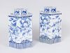 NEAR PAIR OF CHINESE HEXAGONAL BLUE AND WHITE PORCELAIN JARS AND COVERS
