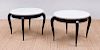PAIR OF EBONIZED CIRCULAR SIDE TABLES WITH MARBLE TOPS