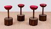 SET OF FOUR BRASS, LEATHER AND WOOD SWIVEL BAR STOOLS