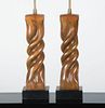 PAIR OF CARVED AND STAINED WOOD TABLE LAMPS