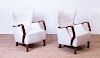 PAIR OF ART DECO STYLE UPHOLSTERED BEECH ARMCHAIRS