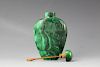 Chinese Malachite snuff bottle and stopper with low relief carved figure of a lady