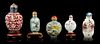 * A Group of Five Glazed Ceramic Snuff Bottles, Height of tallest overall 3 1/8 inches.