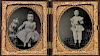 Pair of Sixth-plate Ambrotypes of a Seated Girl with a Large Chalkware Cat and a Child Standing on a Cast Iron Bench
