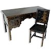 Mid Century Modern Chinese Black Lacquer and Painted Desk with Chair