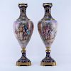 Pair of 19/20th Century Sevres Cobalt and Gilt Scroll Porcelain Urns as Lamps
