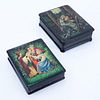 Two (2) Vintage Russian Black Lacquer Hinged Paper Mache Boxes with Portraits