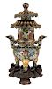 Chinese Cloisonne Incense Burner and Cover on Carved Wooden Stand.
