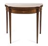 A George III Style Walnut Fruitwood Strung Flip-Top Tea Table, Height 30 5/8 x width 35 1/4 x depth (closed) 17 3/4 inches.