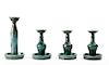 Four Green-Glazed Art Pottery Candlesticks, Height 10 3/4 inches.