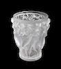* A Lalique Molded and Frosted Glass Vase Height 10 inches.