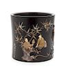* A Hardstone Embellished Zitan Wood Brushpot Height 8 1/4 inches.