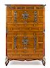 A Korean Metal Mounted Hardwood Two-Section Cabinet Height 60 x length 37 x depth 18 inches.